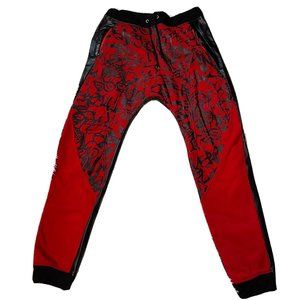 mens Hiphop graffiti style Red Black Drawstring joggers faux leather Size 2XL